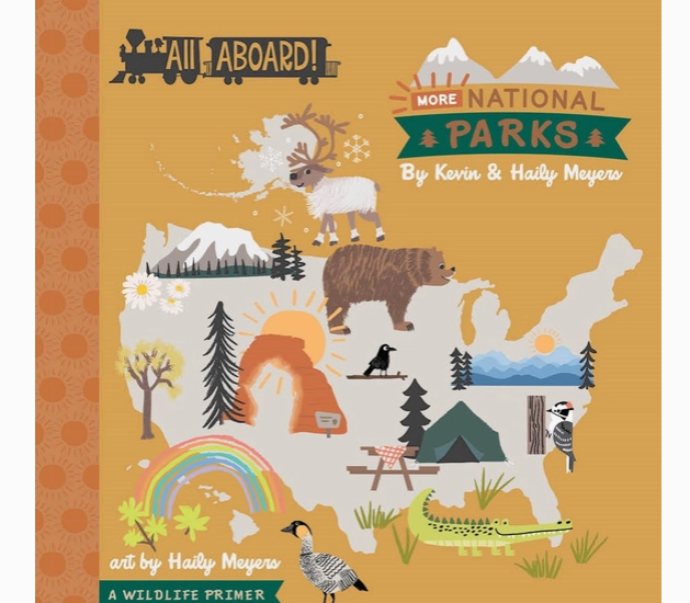 Kids clothing. Book. Wildlife primer. All aboard. More national parks.