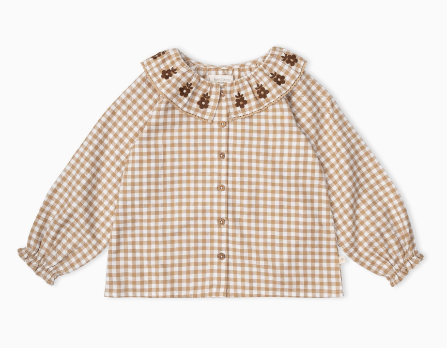 Organic Ruffle Button Top | Oat Gingham