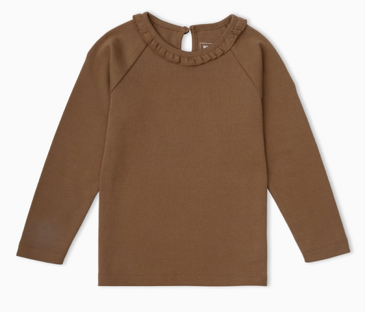 Organic Ruffle Neck Top | Brown